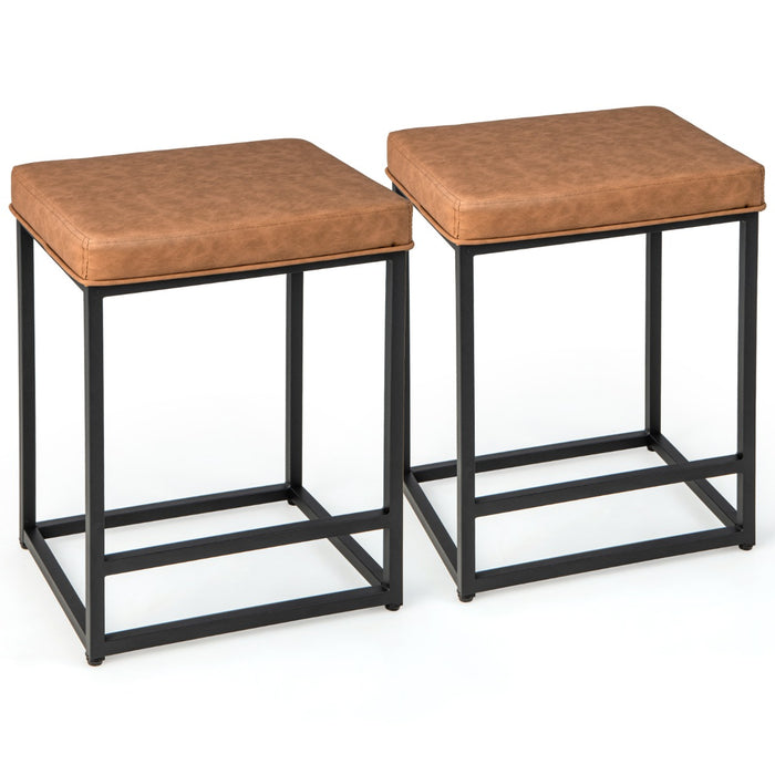Set of 2 Bar Stools - Black PVC Leather Cushion - Ideal for Kitchen and Dining Room Seating