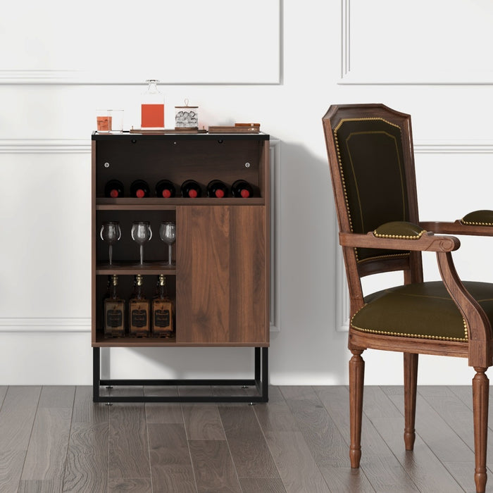 Walnut Freestanding Wine Cabinet - Tempered Glass Top Wine Storage - Ideal for Wine Enthusiasts or Space-saving Furniture Needs