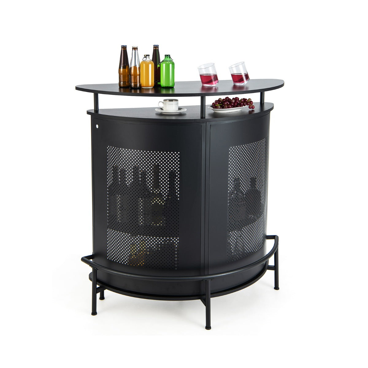 4-Tier Storage Bar Table - Black Table with Shelves and 3 Wine Glass Holders - Ideal for Home Bar Setup and Wine Lovers