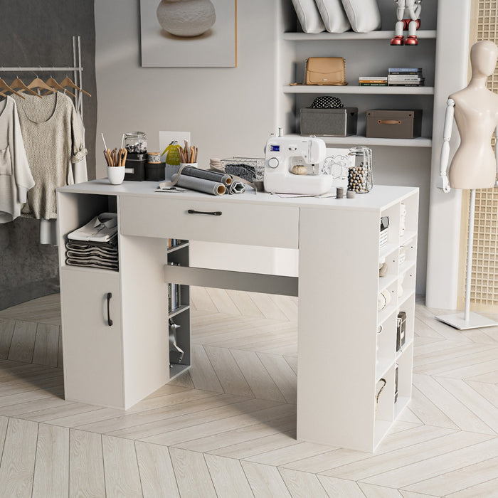 Adjustable Counter Height Sewing Table - With 14 Open Compartments and 3-Position Shelf, White - Ideal for Sewing Enthusiasts and Crafters