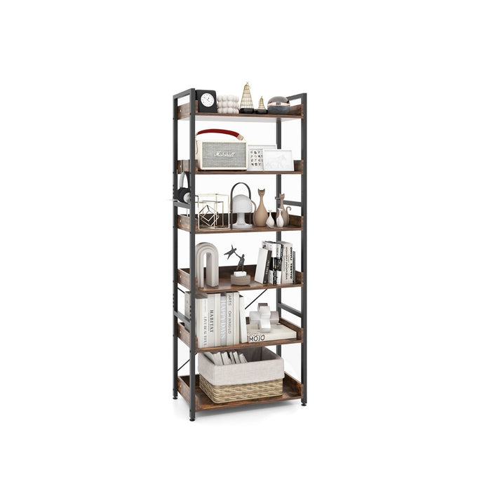 6-Tier Rustic Brown Bookshelf - Tall Stand with Open Display Shelves and 4 Hooks - Ideal Storage Solution for Home and Office Use