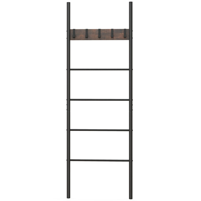 Blanket Ladder - 5-Tier Wall Leaning Industrial Holder Rack with 5 Removable Hooks - Ideal for Storing Blankets and Other Household Items