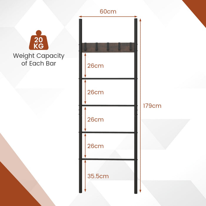 Blanket Ladder - 5-Tier Wall Leaning Industrial Holder Rack with 5 Removable Hooks - Ideal for Storing Blankets and Other Household Items