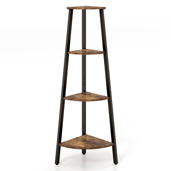 Heavy-Duty Metal Frame 4-Tier Corner Ladder Shelf - Rustic Brown Storage & Display Unit - Ideal for Space Optimization & Safety with Anti-toppling Device