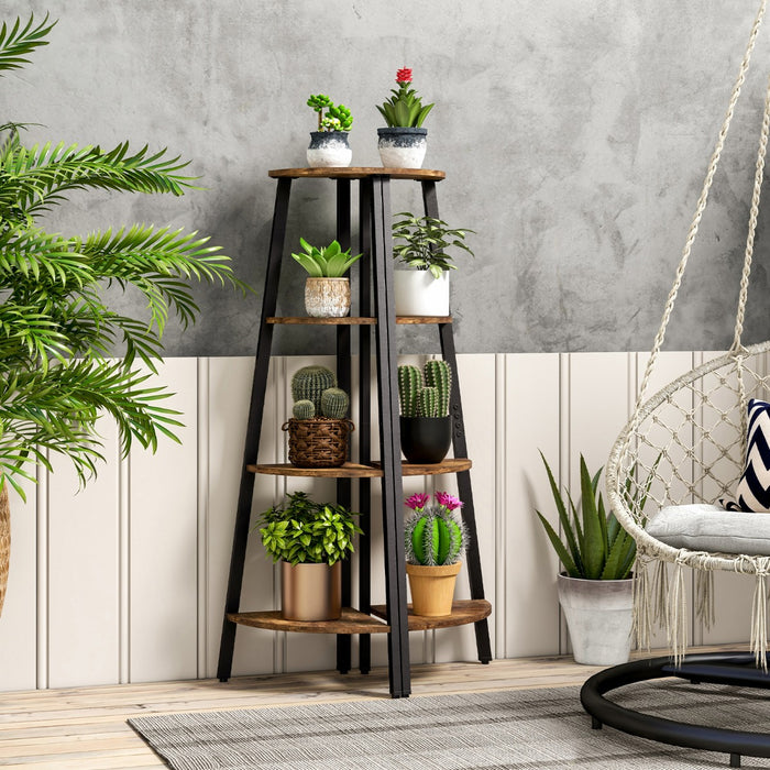 Heavy-Duty Metal Frame 4-Tier Corner Ladder Shelf - Rustic Brown Storage & Display Unit - Ideal for Space Optimization & Safety with Anti-toppling Device