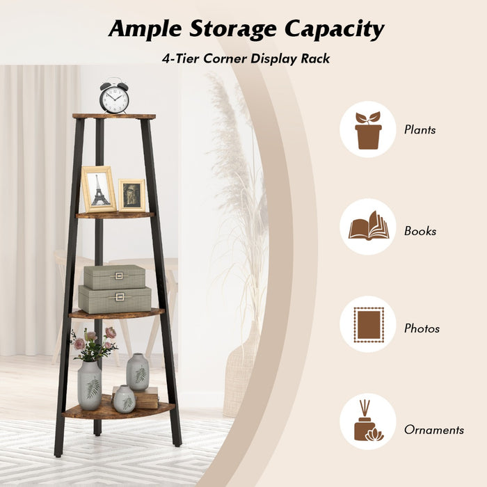 Heavy-Duty Metal Frame 4-Tier Corner Ladder Shelf - Rustic Brown Storage & Display Unit - Ideal for Space Optimization & Safety with Anti-toppling Device