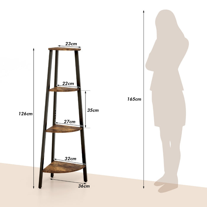 Heavy-Duty Metal Frame 4-Tier Corner Ladder Shelf - Rustic Brown Storage & Display Unit - Ideal for Space Optimization & Safety with Anti-toppling Device