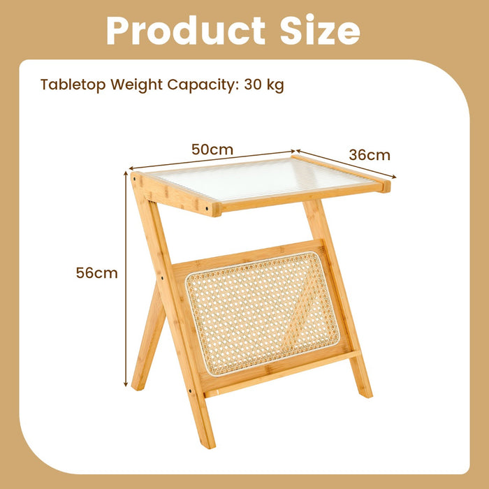 Bamboo Accent Furniture - Bedside Table with Tempered Glass Top, Natural Finish - Ideal for Bedroom Accessories Storage