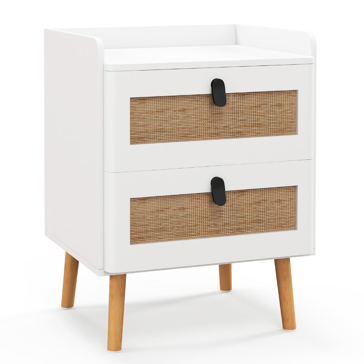 Contemporary End Table - White Bedside Table with Dual Rattan Decorated Drawers - Ideal for Living Room & Bedroom Furnishing Needs