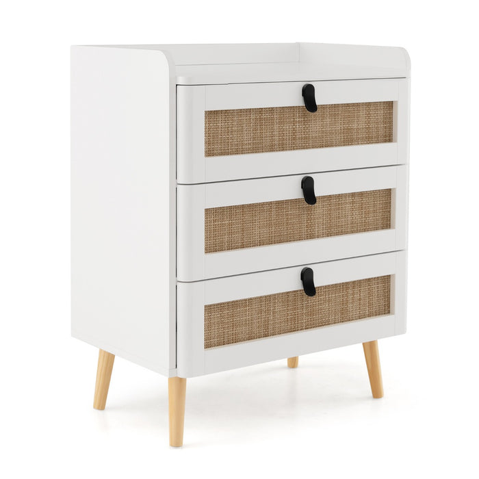 Modern End Table - Bedside Unit with 3 Rattan Decorated Drawers in White - Ideal for Stylish Bedroom Storage Solution