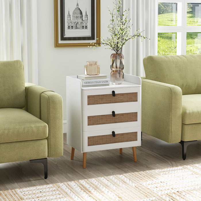 Modern End Table - Bedside Unit with 3 Rattan Decorated Drawers in White - Ideal for Stylish Bedroom Storage Solution