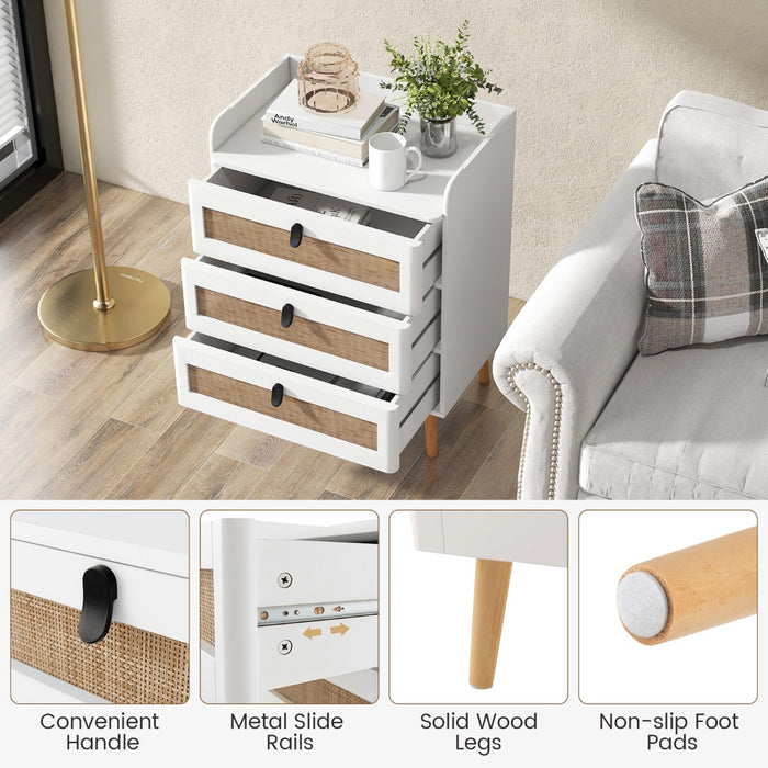 Modern End Table - Bedside Unit with 3 Rattan Decorated Drawers in White - Ideal for Stylish Bedroom Storage Solution