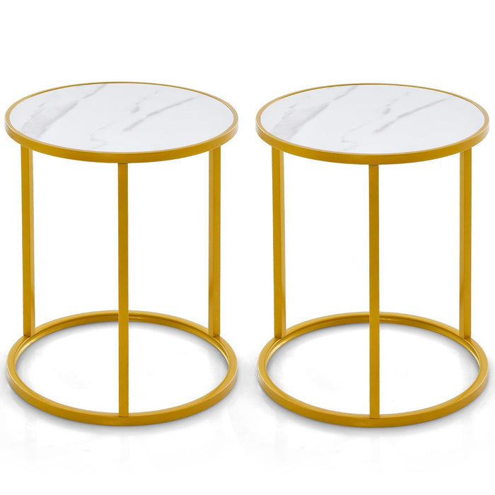 Marble Top & Golden Frame Round Side Tables - 2-Piece Set for Contemporary Home Styling - Ideal for Space-Efficient Room Decorations