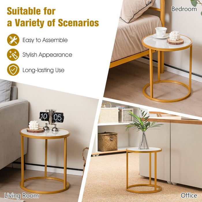 Marble Top & Golden Frame Round Side Tables - 2-Piece Set for Contemporary Home Styling - Ideal for Space-Efficient Room Decorations