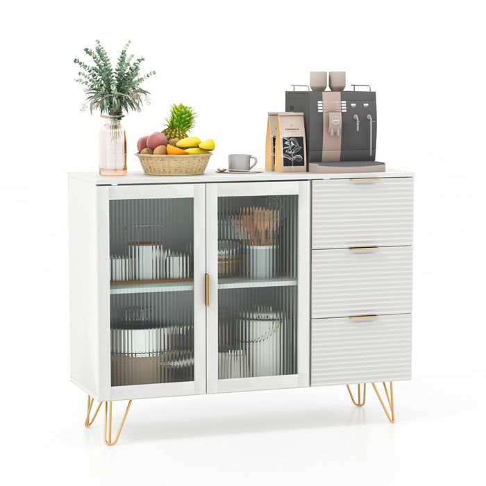 Modern White Sideboard Storage Cabinet - Featuring 2 Glass Doors and 3 Drawers - Perfect for Home Organization and Storage Solutions