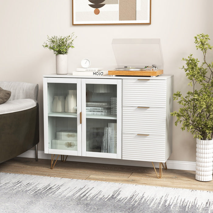 Modern White Sideboard Storage Cabinet - Featuring 2 Glass Doors and 3 Drawers - Perfect for Home Organization and Storage Solutions