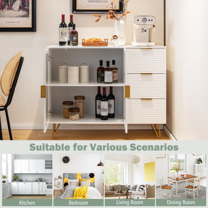 Modern White Sideboard Storage Cabinet - Featuring 2 Glass Doors and 3 Drawers - Perfect for Home Organization and Storage Solutions