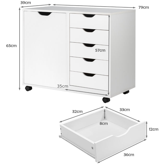 Mobile Side Cabinet - 5-Drawer, Wheeled, White Design - Convenient Storage Solution for Homes and Offices