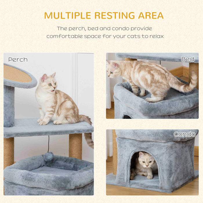 Kitten Activity Center with Scratching Posts - Multi-Level Cat Tree Tower with Condo Perch Bed & Interactive Ball Toy, 48x48x84cm - Ideal for Playful Cats and Kittens, Grey