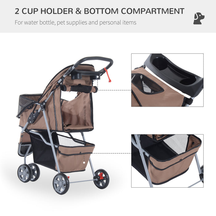 Pet Travel Stroller with Three Wheels - Convenient Dog Pushchair in Coffee Color - Ideal for Pet Transportation and Comfort on the Go