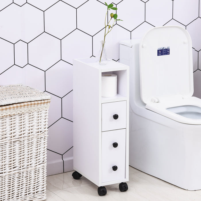 Slimline Freestanding Storage Cabinet - 2 Drawers, Open Shelving, Wheels, and Handles - Space-Saving Organizer for Bathroom or Home Office