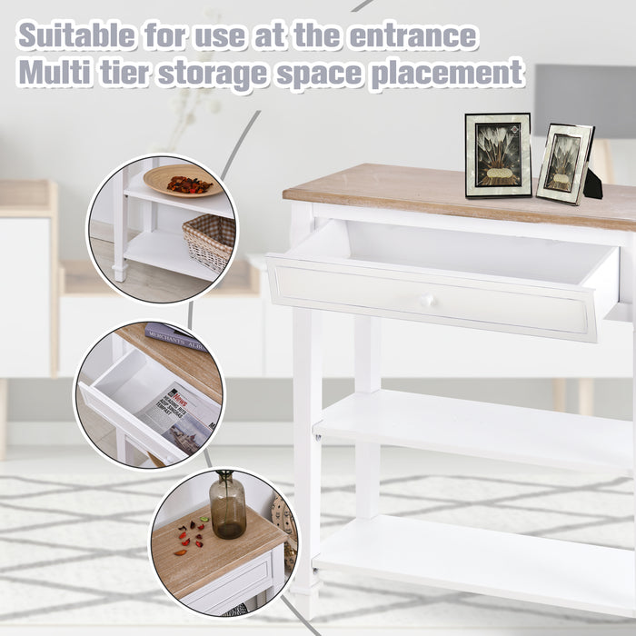 Hallway Console Table with Drawer & 2 Shelves - Elegant Retro-Styled Side Desk with Worktop Handle - Ideal Storage Solution for Bedroom and Living Room