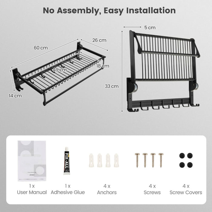 Bathroom Essentials - Foldable Towel Rack with Adjustable Bar and Movable Hooks - Ideal Space-Saving Solution for Bathrooms