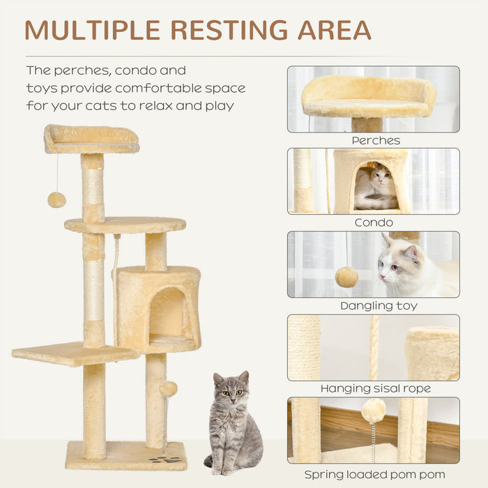 Cat Tree Tower - 114cm Tall Beige Cozy Condo for Cats with Scratching Posts - Ideal for Climbing & Lounging Pets