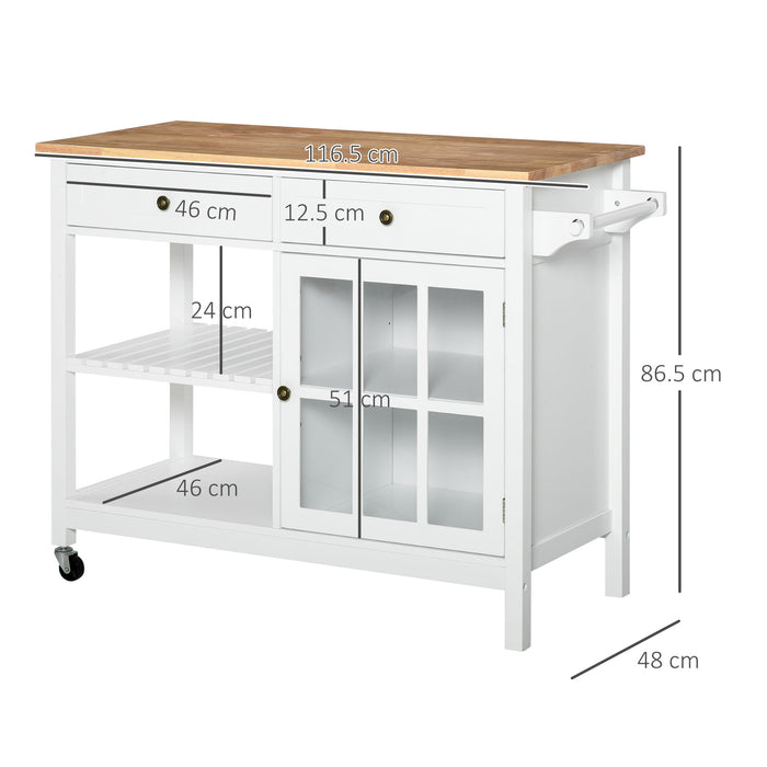 Kitchen Trolley Cart with Wheels - 2 Drawers, Cabinet, Towel Rack, and Rubber Wood Top - Moveable Storage Solution for Dining Room, White