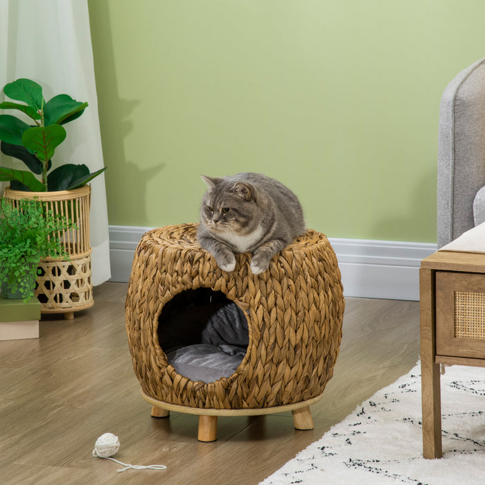 Rattan Kitten Bed Stool - Wicker Cat Cave with Soft Washable Cushion for Cozy Naps - Perfect for Outdoor & Indoor Pet Relaxation, 44x43x41cm