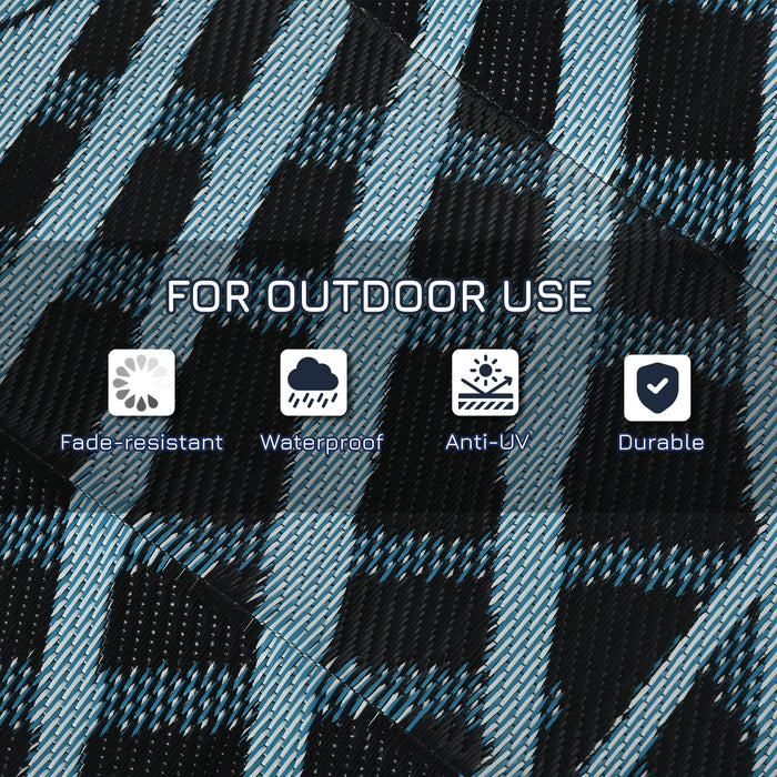 Reversible Blue and Black Plastic Straw Rug for RV Use - Durable Outdoor Mat 6x9 Feet with Portable Carry Bag - Ideal for Campers & Patio Decor