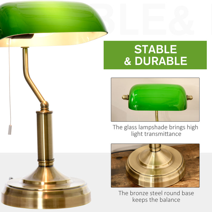 Antique Bronze Banker's Table Lamp - Green Glass Shade Desk Light with Pull Rope Switch - Classic Lighting for Home Office & Living Spaces