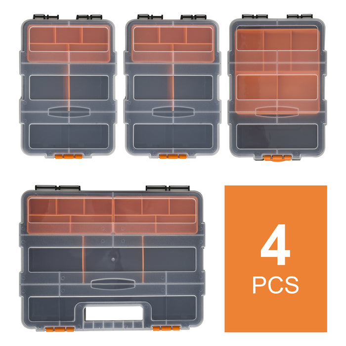 PP Storage Solutions - 4-Pack Assorted Sizes Tool & Hardware Organizer Boxes in Black/Orange - Ideal for Workshop Organization and Small Parts Storage