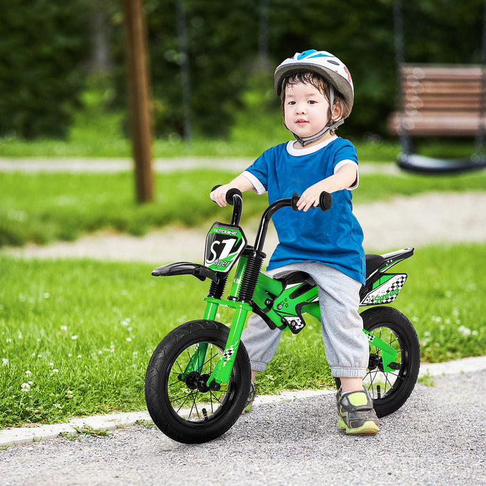 Kids Balance Bike - 12" No-Pedal Training Cycle with Motorbike Design, Air-Filled Tires & Adjustable PU Seat - Ideal for 3-6 Year Old Children Learning Balance & Coordination, Green