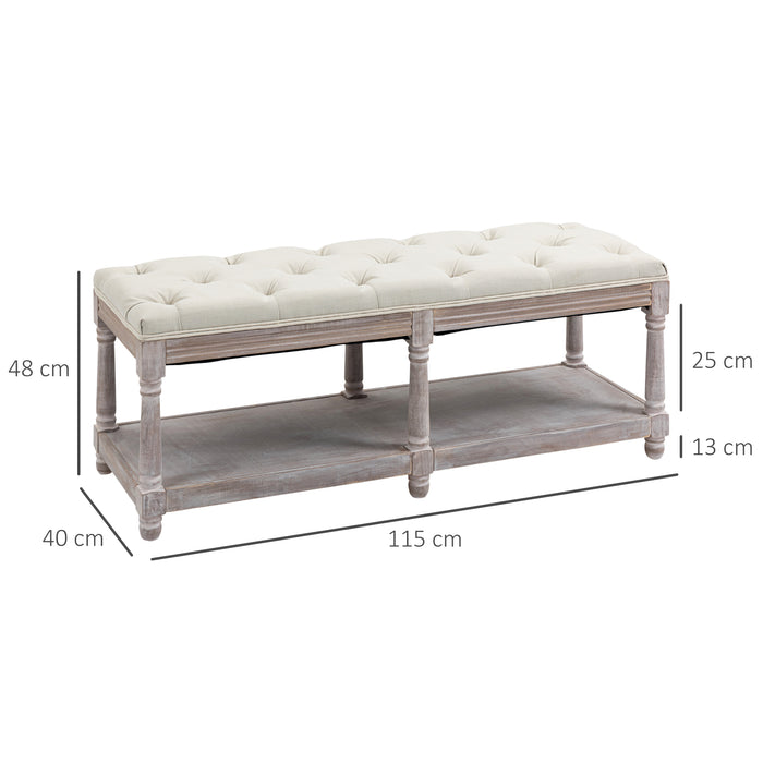 Vintage-Style Cream White Shoe Rack Bench - 2-Tier Storage with Button Tufted Upholstered Cushion - Wooden Entryway Bench for Hallway and Living Room