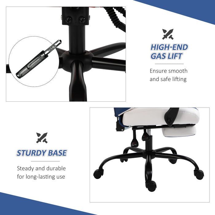 Ergonomic PU Leather Racing Chair - High-Back Gaming Chair with Headrest, Footrest & Adjustable Height - Comfortable Recliner for Gamers, Blue & White Design