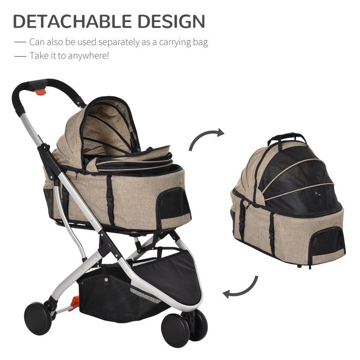 2-in-1 Pet Stroller and Carrier - Detachable, Foldable Dog and Cat Pushchair with Carrying Bag - Perfect for Small Animals, Light Brown Color