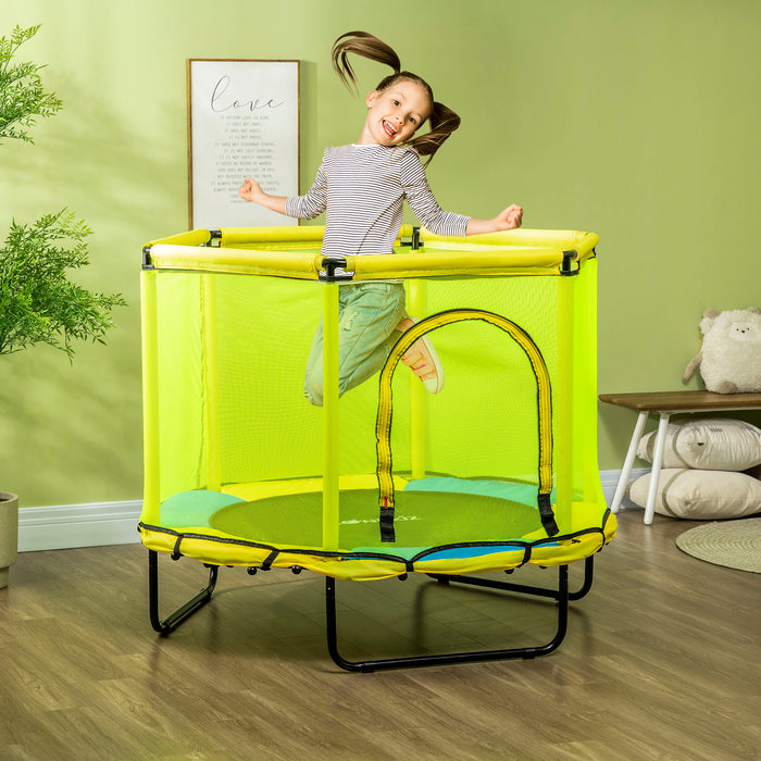 Kids Hexagon Trampoline 140 cm - Indoor Bouncer with Safety Enclosure Net, Bungee Gym - Fun Fitness for 1-6 Year Old Children, Yellow