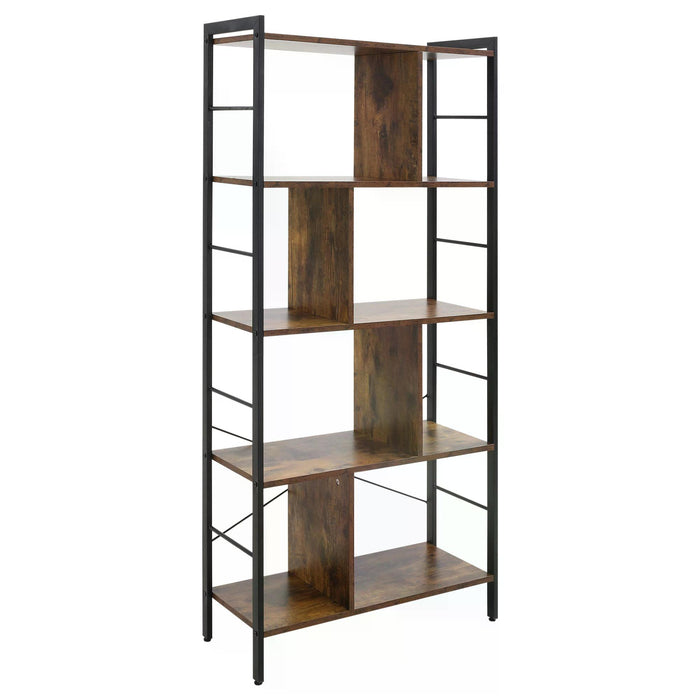 Industrial Storage Shelf - 5-Tier Metal Frame Bookcase & Display Rack in Rustic Brown - Ideal for Living Room, Study & Closet Organization