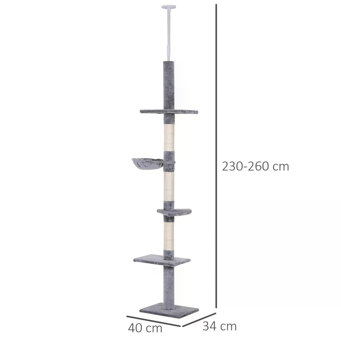 Cat's Empire Adjustable High-Rise Scratching Post - 5-Level Plush Platforms for Feline Fun, Grey - Ideal for Indoor Cats' Exercise and Entertainment
