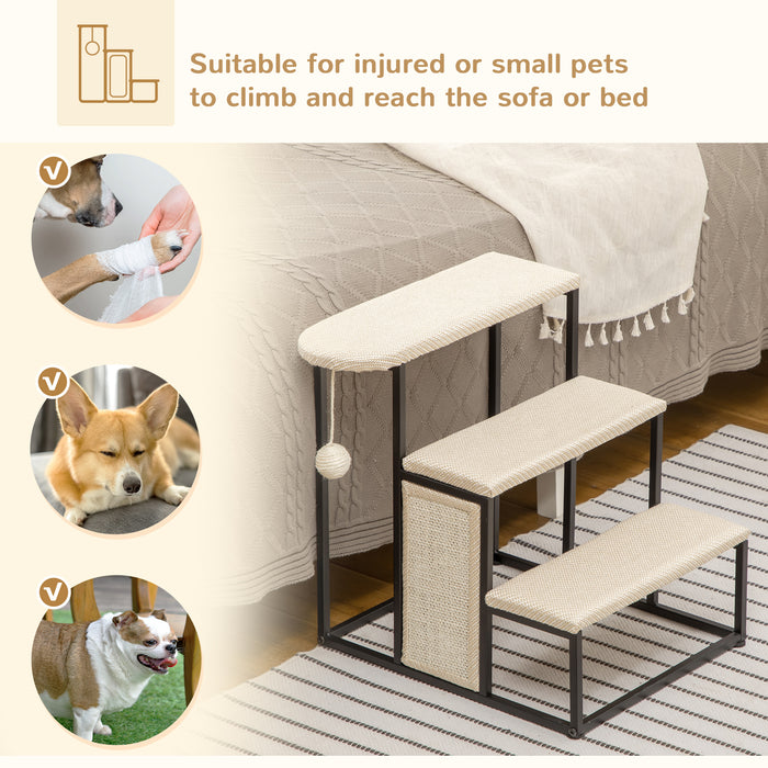 3-Step Cat Stairs with Sisal Scratching Pad and Play Ball - Sturdy Steel Frame Pet Steps, Ideal for Couch Access - 47x45x47cm in Cream White for Cats and Small Dogs