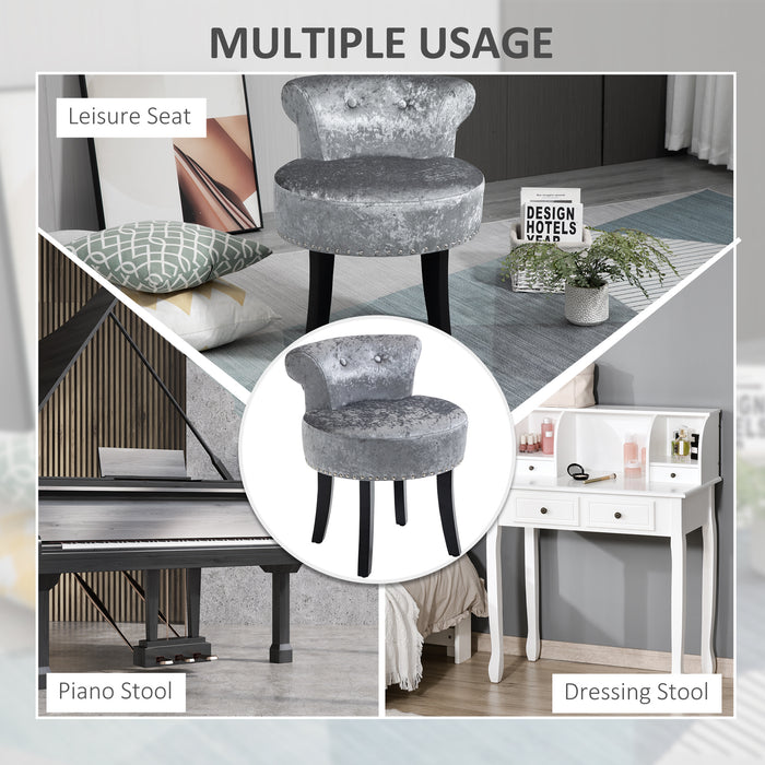 Velvet Makeup Seat with Rubber Wood Legs - Elegant Grey Dressing Table Stool for Living Room & Bedroom - Comfortable Ice Velvet Chair for Dressing Area