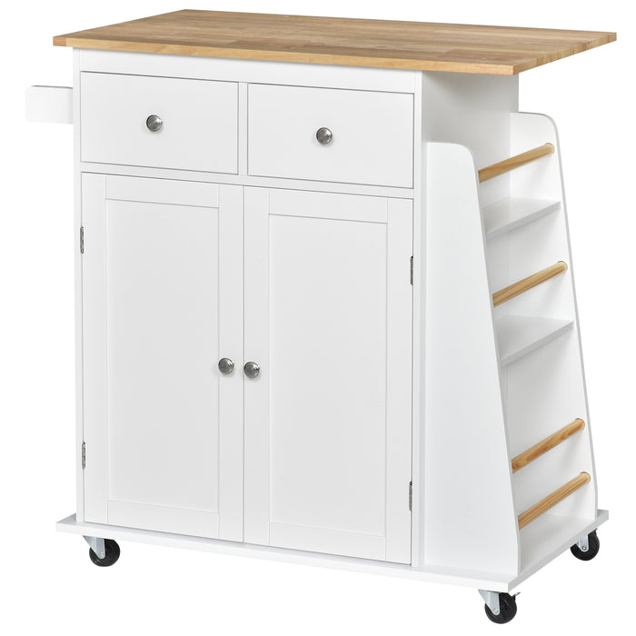 Kitchen Island Cart with Rubberwood Worktop - Rolling Trolley Storage Unit with 3-Tier Spice Rack, Spacious Cabinet & Drawers - Ideal for Kitchen Organization and Extra Counter Space