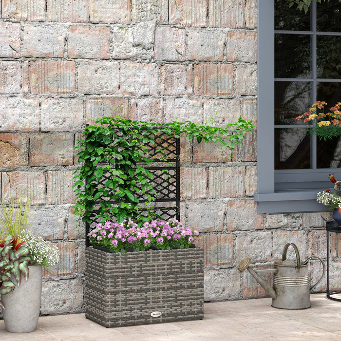 Garden Rattan Planter with Trellis - 22L Capacity Mixed Grey PE Rattan Free Standing Raised Flower Bed with Dual Plant Boxes - Ideal for Climbing Plants and Outdoor Decoration