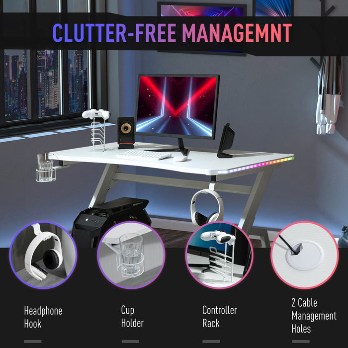 Ergonomic Racing Gaming Desk - RGB LED Lighting, Headphone Hook, Cup Holder, Controller Stand - Ideal for Gamers and Home Office Setup