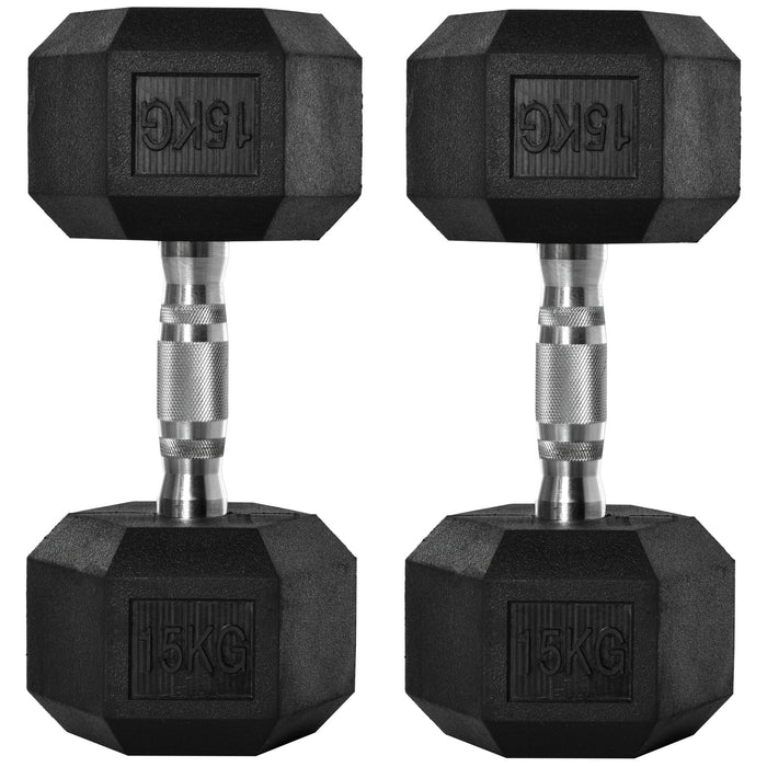 Rubber Hex Dumbbell Set - 2 x 15kg Portable Hand Weights for Strength Training - Ideal for Home Gym Workouts and Fitness Enthusiasts