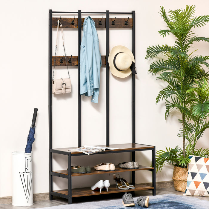 Free Standing Hall Tree with Shoe Bench - Coat Rack with Hooks in Rustic Brown & Black, 100x40x184cm - Ideal for Entryway Organization and Storage