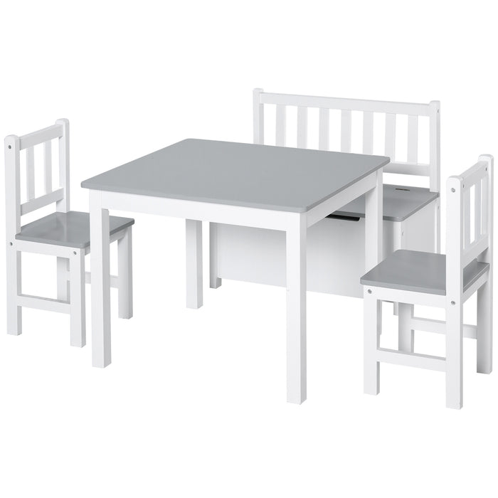 Kids Playroom Furniture Set - 4-Piece Table with 2 Chairs & Storage Bench, Modern Grey/White Design - Ideal for Children’s Activities & Organizing Toys