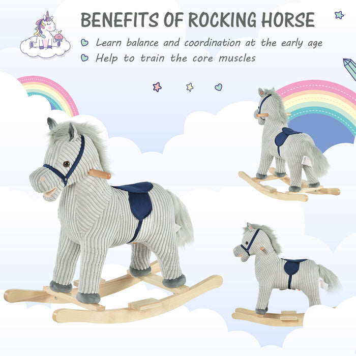 Plush Rocking Horse with Sound Effects - Ribbed Grey Fabric, Kids Ride-On Toy - Perfect for Playtime and Nursery Decor