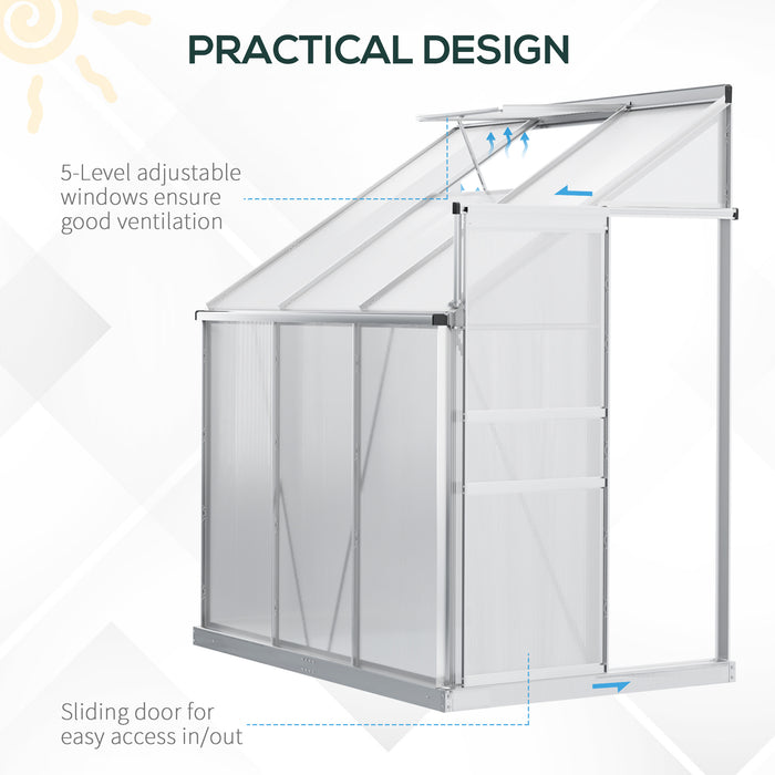 Polycarbonate Lean-to Garden Greenhouse - 6x4 ft Walk-In Structure with Adjustable Roof Vent and Sliding Door - Ideal for Urban Gardening with Limited Space